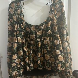 Blu Pepper Floral Rose Babydoll Blouse with Sheer Sleeves
